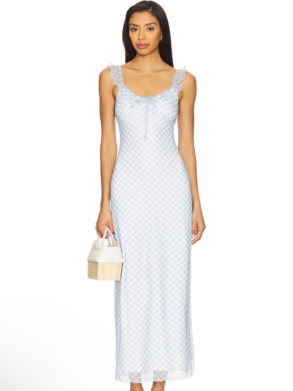 More to Come Light Blue Gingham Ruffle-Trim Maxi Slip Dress